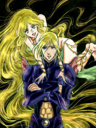 1990s_(style) 1boy 1girl :d absurdly_long_hair armor bad_id bad_pixiv_id barbariccia barefoot bikini bikini_top_only blonde_hair blue_eyes cain_highwind final_fantasy final_fantasy_iv green_eyes loincloth long_hair open_mouth sketch smile sweatdrop swimsuit very_long_hair yukki_(rffcq251)