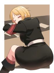 1girl armband black_jacket black_skirt blonde_hair closed_eyes girls&#039;_frontline highres jacket long_sleeves military military_jacket military_uniform miniskirt mp40_(girls&#039;_frontline) paper pencil_skirt short_hair sitting skirt sleeping solo tight_skirt toryu_fufu wehrmacht
