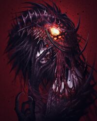 1girl black_hair black_lips black_sclera broken_skin chain claws colored_sclera colored_skin fangs flesh glowing glowing_eyes gradient_background hair_over_one_eye highres looking_at_viewer medium_hair monster_girl monster_hunter_(series) personification red_background red_eyes scales sharp_teeth solo spikes teeth vaal_hazak white_skin yu-ki_iwata