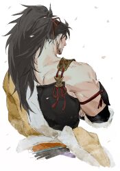 Rule 34 | 1boy, broad shoulders, brown hair, commentary request, cropped torso, crossed arms, final fantasy, final fantasy xiv, from behind, fur-trimmed robe, fur trim, hair ribbon, hien rijin, highres, long hair, male focus, ponytail, red ribbon, ribbon, robe, shiyikuaiqingtai (weibo7279846390), simple background, single bare shoulder, single off shoulder, solo, white background, white fur, yellow robe