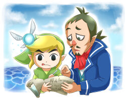 Rule 34 | 2boys, anniversary, aogaeru (pixiv46613656), ascot, beard, black eyes, blonde hair, blue coat, brown hair, ciela, cloud, coat, dated, day, facial hair, fairy, green hat, green tunic, hat, highres, linebeck, link, long sleeves, male focus, multiple boys, nintendo, pointy ears, red ascot, red nose, sidelocks, the legend of zelda, the legend of zelda: phantom hourglass, tongue, tunic, upper body, vest, water