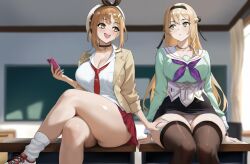 2girls amadeuslight atelier_(series) atelier_resleriana atelier_ryza black_choker blonde_hair blush breasts cellphone chair chalkboard choker classroom cleavage collared_shirt curvy desk gyaru hair_ornament hat highres holding holding_phone indoors iphone jewelry klaudia_valentz kogal large_breasts long_hair long_sleeves multiple_girls necklace necktie on_desk open_mouth phone reisalin_stout reisalin_stout_(blooming_energy) school school_chair school_desk school_uniform shirt short_hair sitting skindentation skirt sleeveless sleeveless_jacket smartphone smile star_(symbol) star_necklace studying tan thick_thighs thighs white_hat white_shirt wide_hips window x_hair_ornament yuri