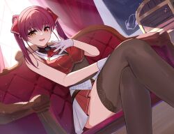 1girl absurdres anima_miko ascot black_choker black_thighhighs breasts choker cleavage cropped_jacket crossed_legs feet_out_of_frame frilled_choker frills hair_ribbon heterochromia highres hololive houshou_marine houshou_marine_(1st_costume) jacket large_breasts legs leotard leotard_under_clothes long_hair looking_at_viewer open_mouth red_ascot red_eyes red_hair red_jacket red_ribbon red_skirt ribbon skirt sleeveless sleeveless_jacket smile solo thighhighs twintails virtual_youtuber yellow_eyes