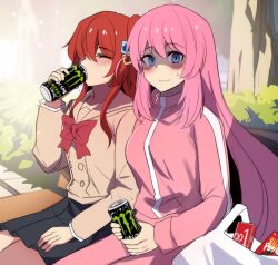 2girls absurdres black_skirt blue_eyes blush bocchi_the_rock! bow bush can closed_eyes commentary cube_hair_ornament drink drinking energy_drink english_commentary gotoh_hitori hair_between_eyes hair_ornament highres hinghoi holding holding_can holding_drink jacket kita_ikuyo long_hair long_sleeves monster_energy multiple_girls on_bench one_side_up outdoors pants pink_hair pink_jacket pink_pants pink_track_suit red_bow red_hair school_uniform shaded_face shuka_high_school_uniform sitting skirt track_jacket track_pants track_suit tree
