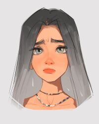 Rule 34 | 1girl, black hair, black shirt, collarbone, crop top, earrings, gradient hair, green eyes, grey hair, highres, jewelry, lipstick, looking at viewer, makeup, multicolored hair, original, portrait, pout, sam yang, shirt, silver necklace