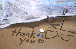 absurdres advarcher beach branch ceres_fauna day feathers gawr_gura heart highres hololive hololive_english leaf nanashi_mumei no_humans outdoors pocket_watch sand sand_writing scenery shrimp thank_you virtual_youtuber watch water watson_amelia