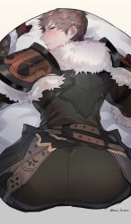 Rule 34 | 1boy, absurdres, ardbert hylfyst, armor, ass, ass focus, ass mousepad, bara, bear shakra, blush, brown hair, facial hair, final fantasy, final fantasy xiv, from behind, goatee, highres, long sideburns, looking at viewer, looking back, male focus, mature male, mousepad (medium), muscular, muscular male, on bed, pauldrons, short hair, shoulder armor, sideburns, solo, thick eyebrows, turning head, v-shaped eyebrows