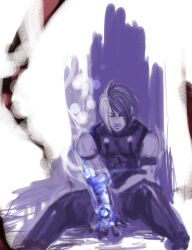 Rule 34 | 1boy, ayaki kaoru, black hair, closed mouth, facial scar, fire, gloves, male focus, metal gloves, multicolored hair, muscular, muscular male, nameless (kof), pyrokinesis, red fire, scar, scar across eye, scar on cheek, scar on face, solo, split-color hair, the king of fighters, the king of fighters 2002, two-tone hair, white hair