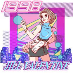 Rule 34 | 1990s (style), 1girl, artist logo, black skirt, blue shirt, bracelet, breasts, brown hair, character name, cityscape, clothes around waist, commentary, earrings, english commentary, highres, jewelry, jill valentine, logo, medium breasts, memphis design, necklace, open mouth, pencil skirt, redmageroxy, resident evil, resident evil 3: nemesis, retro artstyle, shirt, short hair, skirt, sleeveless, sleeveless shirt, solo, standing, sweater, sweater around waist, turtleneck