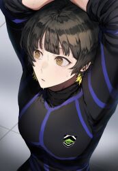 Rule 34 | 1boy, arms up, bachira meguru, black hair, blonde hair, blue lock, blue lock bodysuit, commentary request, highres, looking to the side, male focus, multicolored hair, naka (58hrprtr), open mouth, short hair, sleeves pushed up, solo, sportswear, sweat, toned, toned male, upper body, yellow eyes
