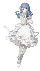 1girl animal-themed_food back_bow bloom_festival_(project_sekai) blue_eyes blue_hair blunt_bangs bow braid candy collared_dress covered_mouth covering_own_mouth cross-laced_clothes dot_nose dress dress_ribbon earrings food footwear_bow frilled_dress frills full_body gradient_hair grey_pantyhose hair_behind_ear hair_bow hand_up highres holding holding_candy holding_food holding_lollipop holding_stuffed_toy jewelry kiritani_haruka lollipop long_hair long_sleeves looking_at_viewer migolu multicolored_hair official_alternate_costume official_alternate_hair_color official_alternate_hair_length official_alternate_hairstyle pantyhose project_sekai puffy_long_sleeves puffy_sleeves ribbon shoes side_braid simple_background solo standing stuffed_animal stuffed_penguin stuffed_toy swept_bangs white_background white_bow white_dress white_hair white_ribbon white_shoes