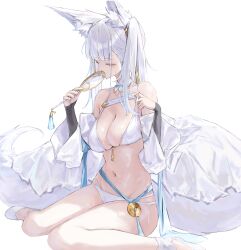 Rule 34 | 1girl, absurdres, animal ear fluff, animal ears, bare shoulders, bra, breasts, cleavage, closed eyes, commentary request, fox ears, fox girl, fox tail, full body, hand fan, highres, holding, holding fan, long hair, navel, off shoulder, original, panties, shiro wa (shiroshironix), shoes, simple background, solo, stomach, strap pull, sweat, tail, underwear, white background, white bra, white hair, white panties, white shoes