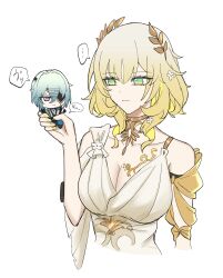 1boy 1girl aglaea_(honkai:_star_rail) anaxa_(honkai:_star_rail) blonde_hair breast_tattoo breasts cleavage closed_mouth cropped_torso dress eyepatch gold_tattoo green_eyes green_hair highres holding_chibi honkai:_star_rail honkai_(series) large_breasts laurel_crown looking_at_another nanoha_fn_dm simple_background speech_bubble tattoo translation_request white_background white_dress