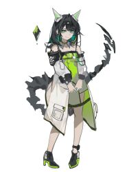 1girl absurdres arknights black_hair bright_pupils closed_mouth coat cosplay dress full_body green_dress green_eyes green_hair highres jiuxiaoshi kal&#039;tsit_(arknights) kal&#039;tsit_(arknights)_(cosplay) looking_at_viewer mon3tr_(arknights) multicolored_hair smile solo tail two-tone_hair white_coat white_pupils