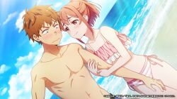 1boy 1girl arm_hug beach bikini blue_sky blush closed_mouth collarbone copyright_notice couple day dutch_angle hetero highres horizon kanojo_okarishimasu kinoshita_kazuya looking_at_another medium_hair ocean official_art orange_hair outdoors pink_bikini pink_eyes pink_hair ponytail sakurasawa_sumi short_hair side-tie_bikini_bottom sidelocks sky smile striped_bikini striped_clothes swimsuit topless_male wavy_mouth