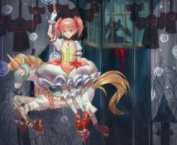 1girl :d absurdres arm_up blood blush bow bubble_skirt carousel charlotte_(madoka_magica) choker dress dress_bow evil_smile footwear_ribbon frills gem gloves hair_ribbon hanging highres horseback_riding kaname_madoka kaname_madoka_(magical_girl) kneehighs kyubey looking_at_viewer magical_girl mahou_shoujo_madoka_magica mahou_shoujo_madoka_magica_(anime) maili open_mouth pink_hair puffy_short_sleeves puffy_sleeves red_eyes ribbon riding scribble shoes short_hair short_sleeves sidesaddle sitting_sideways skirt smile socks solo_focus soul_gem spiral twintails window