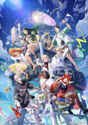 3girls 4boys arm_behind_head arm_up black_boots black_hair black_pants black_shirt black_shoes black_skirt blue_sky boots breasts brown_hat brown_pantyhose brown_shorts clenched_hand cloud commentary_request day dola_(nijisanji) dragon_girl dragon_horns dragon_tail dress elu_(nijisanji) flower gradient_clothes gradient_dress gradient_hair green_hair grey_hair grin hair_between_eyes hanabatake_chaika hat holding holding_megaphone honma_himawari horns kanae_(nijisanji) kuzuha_(nijisanji) large_breasts lightning_bolt_symbol megaphone multicolored_hair multiple_boys multiple_girls nijisanji off-shoulder_shirt off_shoulder official_art outdoors pants pantyhose pleated_skirt pointy_ears radar_dish red_eyes red_skirt riz3 road_sign sample_watermark shirt shoes short_sleeves shorts sign skirt sky smile stop_sign straw_hat sunflower tail virtual_youtuber water watermark white_boots white_dress white_pants white_shirt white_shoes white_shorts yashiro_kizuku yellow_dress yellow_flower