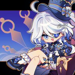 1girl :d ahoge ankle_boots ascot bare_legs blue_ascot blue_boots blue_bow blue_eyes blue_gemstone blue_hair blue_hat blue_jacket boots bow chair chibi chibi_only chromatic_aberration colored_inner_hair crossed_legs easy_chair elbow_rest footwear_bow frilled_sleeves frills furina_(genshin_impact) furrowed_brow gem genshin_impact gloves gold_trim grey_hair hair_intakes hashtag-only_commentary hat hat_bow heterochromia high_heel_boots high_heels jacket letterboxed mismatched_pupils mohu_116 multicolored_boots multicolored_hair on_chair open_mouth outside_border short_shorts shorts signature simple_background sitting smile solo top_hat two-tone_boots two-tone_hair vest waistcoat wavy_hair white_boots white_gloves white_shorts white_vest