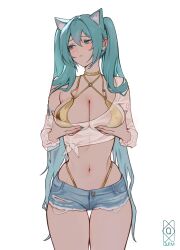 1girl absurdres alternate_hairstyle animal_ears aqua_eyes aqua_hair aqua_nails arm_tattoo bikini blush breasts cat_ears cat_girl cleavage cowboy_shot denim denim_shorts gold_bikini grabbing_own_breast hair_between_eyes hair_ribbon hatsune_miku highres large_breasts long_hair multi-strapped_bikini_bottom multi-strapped_bikini_top nail_polish navel parted_lips quilm ribbon see-through_clothes short_shorts shorts signature simple_background single_off_shoulder solo sweat swimsuit tattoo thigh_gap twintails very_long_hair vocaloid white_background white_ribbon wide_hips