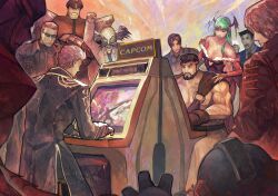 Rule 34 | 1girl, ace attorney, albert wesker, animal print, arcade cabinet, bat print, bat wings, beard, black hair, blonde hair, blue eyes, blue suit, bridal gauntlets, brothers, capcom, clothing cutout, dante (devil may cry), demon girl, devil may cry (series), devil may cry 5, dr. wily (mega man), facial hair, formal clothes, fur-trimmed leotard, fur trim, glasses, hat, head wings, heart cutout, highres, jedah dohma, leon s. kennedy, leotard, m. bison, mega man (character), mega man (classic), mega man (series), morrigan aensland, mustache, off-shoulder leotard, pantyhose, police, print pantyhose, purple pantyhose, purple wings, resident evil, resident evil 5, ryu (street fighter), siblings, street fighter, street fighter 6, subakeye, suit, sunglasses, twins, darkstalkers, vergil (devil may cry), wings