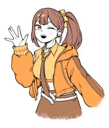 1girl belt blush brown_hair brown_necktie brown_skirt highres jacket jewelry long_hair long_sleeves midriff necklace necktie one_eye_closed open_mouth ryoung_10 side_ponytail simple_background skirt victory_(waktaverse) waktaverse white_background white_belt yellow_collar yellow_eyes yellow_jacket
