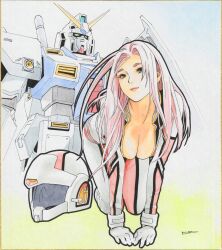 1girl all_fours blue_eyes bodysuit breasts christina_mackenzie cleavage closed_mouth green_eyes gundam gundam_0080 gundam_alex helmet highres ikeda_kazuhiro large_breasts light_smile long_hair looking_at_viewer mecha mecha_pilot_suit mobile_suit normal_suit_(gundam) pilot_helmet pink_hair red_bodysuit robot science_fiction shikishi signature space_helmet spacesuit traditional_media two-tone_bodysuit unworn_headwear unworn_helmet v-fin very_long_hair white_bodysuit