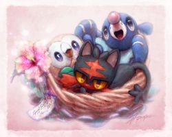 :d basket bird blue_eyes cat colored_sclera commentary creature creatures_(company) english_commentary english_text flower game_freak gen_7_pokemon ja-punkster litten looking_at_viewer nintendo no_humans open_mouth pink_background pokemon pokemon_(creature) popplio purple_eyes rowlet seal_(animal) signature simple_background smile starter_pokemon_trio yellow_sclera
