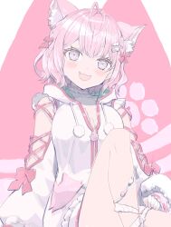1girl :3 animal_ears antenna_hair arm_cutout blush bow braid breasts choker cleavage collarbone commentary english_commentary extra_ears fang frilled_choker frills green_hoodie hair_bow hakui_koyori hakui_koyori_(summer) highres hololive hood hoodie large_breasts long_sleeves looking_at_viewer medium_hair open_mouth paw_ornament pink_background pink_bow pink_choker pink_eyes pink_hair pom_pom_(clothes) sleeves_past_wrists smile solo tail thigh_strap thighs two-tone_choker two-tone_hoodie virtual_youtuber vstar256 white_background white_choker white_hoodie wolf_ears wolf_girl wolf_tail
