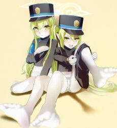 2girls absurdres armband black_hat blue_archive blue_armband blush cameltoe closed_mouth feet gloves green_hair hair_between_eyes halo hat highres hikari_(blue_archive) leg_up legs loli long_hair looking_at_viewer mesugaki multiple_girls no_shoes nozomi_(blue_archive) open_mouth panties panties_under_pantyhose pantyhose peaked_cap pointy_ears siblings simple_background sisters sitting skirt skirt_around_one_leg soles striped_clothes striped_panties taaakaaaa toes train_conductor twins underwear white_gloves white_pantyhose yellow_background yellow_eyes