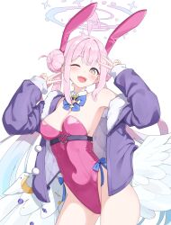 1girl ;d absurdres ahoge alternate_costume angel_wings animal_ears bare_shoulders blue_archive blue_jacket blush bow bowtie breasts cleavage commentary_request covered_navel cowboy_shot daran9 detached_collar double_bun double_v fake_animal_ears feathered_wings gloves hair_bun hair_ornament halo highleg highleg_leotard highres jacket leotard long_hair long_sleeves looking_at_viewer low_wings medium_breasts mika_(blue_archive) off_shoulder official_alternate_costume one_eye_closed open_clothes open_jacket open_mouth pink_hair pink_halo pink_jacket pink_leotard playboy_bunny rabbit_ears simple_background single_bare_shoulder single_off_shoulder sleeves_past_wrists smile solo strapless strapless_leotard teeth thighs twintails upper_teeth_only v white_background white_wings wing_ornament wings yellow_eyes