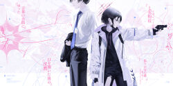 14yuruis 1boy 1girl absurdres black_gloves black_hair black_hoodie black_jacket black_mask black_pants blue_archive blue_necktie closed_mouth ear_piercing fingerless_gloves gloves gun handgun highres holding holding_gun holding_jacket holding_unworn_clothes holding_weapon hood hoodie jacket misaki_(blue_archive) necktie pants piercing revolver ruger_lcr sensei_(blue_archive) shirt short_hair unworn_jacket weapon white_jacket white_shirt