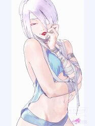 1girl a.k.i._(street_fighter) albino bandage_over_one_eye bandaged_arm bandaged_neck bandages bikini highres looking_at_viewer mole mole_under_mouth navel official_alternate_costume official_alternate_hairstyle red_eyes red_lips smile solo stomach street_fighter street_fighter_6 swimsuit uixy white_hair