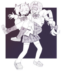 2girls absurdres akemi_homura alternate_hair_color blush bow bowtie braid cardigan carrying glasses grey_bow grey_bowtie grey_skirt grey_socks greyscale hair_bow hair_intakes hair_ribbon headband highres kaname_madoka loafers long_hair mahou_shoujo_madoka_magica monochrome multiple_girls nervous plaid_clothes plaid_skirt princess_carry ribbon school_uniform shirt shoes short_hair short_twintails simple_background skirt smile socks stvrwish thighhighs twin_braids twintails white_background white_hair white_shirt white_thighhighs yuri