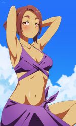 1girl absurdres agena_yae armpits arms_up beach bikini breasts cleavage collarbone ddeshiro highres looking_at_viewer navel okinawa_de_suki_ni_natta_ko_ga_hougen_sugite_tsurasugiru red_eyes sitting sky solo stomach swimsuit tan tying_hair wet