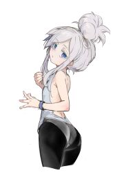 1girl ass backless_shirt bare_back bare_shoulders blue_eyes bracelet closed_mouth colored_eyelashes commentary cropped_legs deux_murasame grey_hair gundam gundam_gquuuuuux highres huo_ji_wu jewelry looking_at_viewer pantyhose purple_pupils simple_background solo updo white_background white_eyelashes