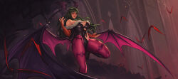 1girl absurdres animal_print artist_name bare_shoulders bat_(animal) bat_print black_boots black_leotard black_wings boots breasts bridal_gauntlets castle commentary covered_navel darkstalkers demon_girl demon_wings english_commentary floating_hair full_body fur_trim green_eyes grey_hair head_wings high_heel_boots high_heels highleg highleg_leotard highres large_breasts leotard light_particles long_hair looking_at_viewer midair morrigan_aensland off_shoulder pantyhose print_pantyhose purple_pantyhose purple_wings rgate slit_pupils solo wings
