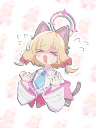 &gt;_&lt; 1girl animal_ear_headphones animal_ears anzen_robo_(474zz) artist_name black_tail blonde_hair blue_archive blue_necktie blunt_bangs blurry blurry_background bow cat_ear_headphones cat_ears cat_tail collared_shirt commentary cropped_torso facing_viewer fake_animal_ears fake_tail flying_sweatdrops furrowed_brow hair_bow halo hands_up headphones jacket layered_sleeves long_sleeves low-tied_sidelocks medium_hair momoi_(blue_archive) multicolored_jacket necktie off_shoulder open_mouth outline parted_bangs patterned_background pink_bow pink_halo pink_jacket school_uniform shaded_face shirt sidelocks solo suspenders sweat tail twitter_username upper_body white_background white_jacket white_outline white_shirt wide_sleeves