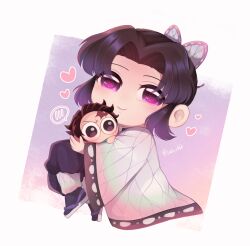 &gt;_&lt; 1boy 1girl :3 =_= alternate_universe belt black_hair blue_butterfly blush blush_stickers bug butterfly butterfly_hair_ornament checkered_clothes checkered_haori checkered_sash chibi chibi_inset chibi_only demon_slayer_uniform earrings gradient_hair hair_ornament hanafuda hanafuda_earrings haori highres insect japanese_clothes jewelry kamado_tanjirou kimetsu_no_yaiba kishimen_hair kochou_shinobu long_sleeves multicolored_hair ouchiwa-1 purple_butterfly scar scar_on_face scar_on_forehead shirt simple_background smile solid_oval_eyes updo white_background white_belt