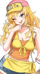 Rule 34 | 1girl, ;d, absurdres, bare shoulders, baseball cap, bikini, blonde hair, blue eyes, blush, breasts, cleavage, clothes hanger, clothes in front, collarbone, cropped shirt, denim, denim shorts, hat, highres, holding, holding clothes hanger, idolmaster, idolmaster cinderella girls, long hair, looking at viewer, medium breasts, midriff, niban (puka 0507), ohtsuki yui, one eye closed, open mouth, orange shirt, shirt, shorts, simple background, sleeveless, smile, solo, swimsuit, unworn bikini, very long hair, white background, yellow bikini