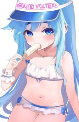 Rule 34 | 1girl, bemani, bikini, blue eyes, blue hair, blush, collarbone, food, frills, hat, highres, holding, holding food, long hair, looking at viewer, navel, noah (sound voltex), popsicle, solo, sound voltex, striped bikini, striped clothes, swimsuit, very long hair, visor cap, white background, white bikini, yashirinda