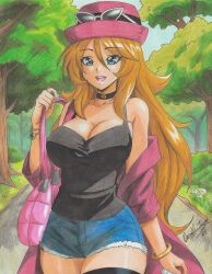 1girl absurdres blue_eyes bracelet brown_hair eyelashes eyewear_on_headwear hat highres jewelry long_hair looking_at_viewer nintendo open_mouth outdoors pink_bag pink_hat pokemon pokemon_(anime) pokemon_xy pokemon_xy_(anime) ravernclouk_design red_hat serena_(pokemon) shirt shorts sleeveless sleeveless_shirt smile sunglasses thighhighs white-framed_eyewear zettai_ryouiki
