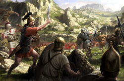 6+boys armor battle chainmail commentary darren_tan english_commentary helmet holding holding_polearm holding_shield holding_weapon mountain mountainous_horizon multiple_boys original people polearm sheath sheathed shield soldier weapon