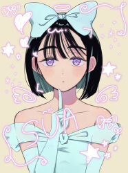 1girl absurdres alien_stage bare_shoulders black_hair bob_cut bow character_name character_signature commentary drawn_halo drawn_heart drawn_wings dress elbow_gloves english_commentary fuyu_ko gloves hair_bow halo highres index_finger_raised off-shoulder_dress off_shoulder parted_lips purple_eyes short_hair simple_background solo star_(symbol) sua_(alien_stage) upper_body white_bow white_dress white_gloves yellow_background