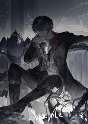1boy amon_(lord_of_the_mysteries) black_boots black_coat black_eyes black_hair black_pants boots candle candlestand coat full_body gaural grey_background greyscale hand_on_own_face lord_of_the_mysteries male_focus monochrome monocle pants solo third-party_source