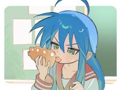 Rule 34 | 1girl, blue hair, chalkboard, chocolate cornet, commentary, english commentary, food, green eyes, highres, holding, holding food, izumi konata, jin (jin sen0956), jitome, licking, long hair, long sleeves, lucky star, mole, mole under eye, school uniform, serafuku, solo, sweat, tongue, tongue out, upper body, v-shaped eyebrows