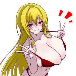 1girl bikini blonde_hair blush breasts cleavage collarbone commentary_request double_v grin hair_between_eyes hair_intakes highres hitofudegaki_usagi huge_breasts idolmaster idolmaster_cinderella_girls idolmaster_cinderella_girls_starlight_stage kurosaki_chitose long_hair naughty_face navel notice_lines red_bikini red_eyes seductive_smile skindentation smile stomach strap_pull swimsuit v white_background
