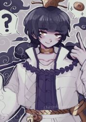? absurdres black_hair chesedfever cloud commentary dark_clouds english_commentary eyelashes gold_belt gold_choker grey_background highres holding holding_smoking_pipe limbus_company long_hair looking_at_viewer male_focus orange_eyes pointing pointing_up project_moon short_twintails smirk smoking_pipe spoken_object spoken_question_mark twintails twitter_username upper_body wang_zhao_(project_moon)