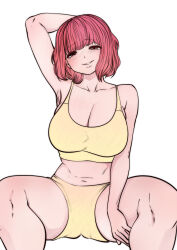 1girl arm_up bare_shoulders blush breasts cleavage collarbone eguchi_tomoka highres kou_iu_no_ga_ii large_breasts looking_at_viewer medium_hair navel pink_eyes pink_hair shorts simple_background sitting smile solo souryu sports_bra stomach thighs white_background yellow_shorts yellow_sports_bra