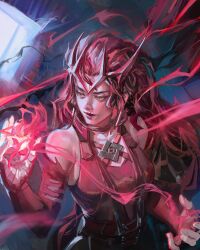 1girl avengers_(series) breasts brown_hair gloves highres jewelry long_hair magic marvel marvel_rivals medium_breasts pluvium_grandis scarlet_witch smile solo