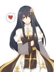 1girl arch_bishop_(ragnarok_online) bell black_dress black_hair blush breasts cleavage_cutout closed_mouth clothing_cutout commentary_request cowboy_shot cross dress fishnet_thighhighs fishnets flower frilled_thighhighs frills hair_bell hair_between_eyes hair_flower hair_ornament hair_ribbon heart jingle_bell juliet_sleeves latmizu long_hair long_sleeves looking_at_viewer medium_breasts pink_flower puffy_sleeves ragnarok_online red_eyes ribbon sash simple_background smile solo spoken_heart thighhighs two-tone_dress white_background white_dress white_thighhighs yellow_ribbon yellow_sash